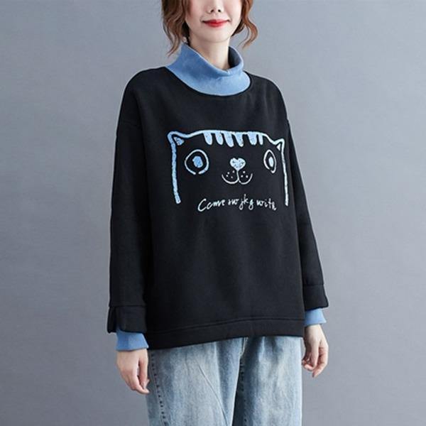 Style Cartoon Print Turtleneck Loose Female Pullovers Hoodies - Omychic