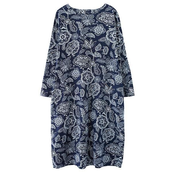 long sleeve plus size cotton linen vintage floral for women casual loose spring autumn dress - Omychic