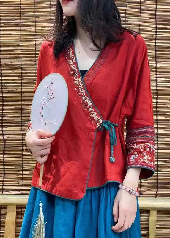 Women Red Embroidered Long sleeve Linen Shirt