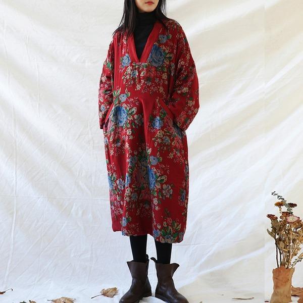 Women Vintage Red Print Floral Parkas V-Neck Long Sleeve  Warm Parkas - Omychic