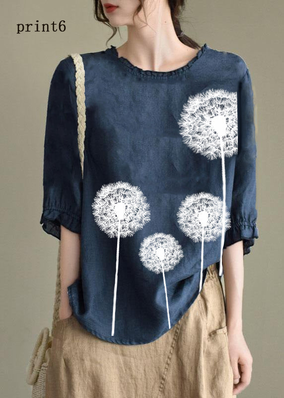 Handmade Navy-print3  lantern Sleeve O-Neck Embroideried Summer Ramie Blouses