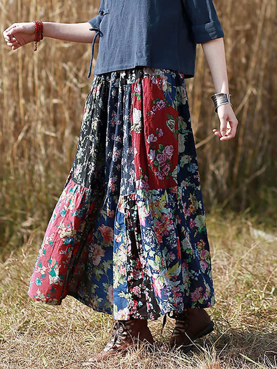 Retro Splicing Cloth Flower Printed Floral Skirt