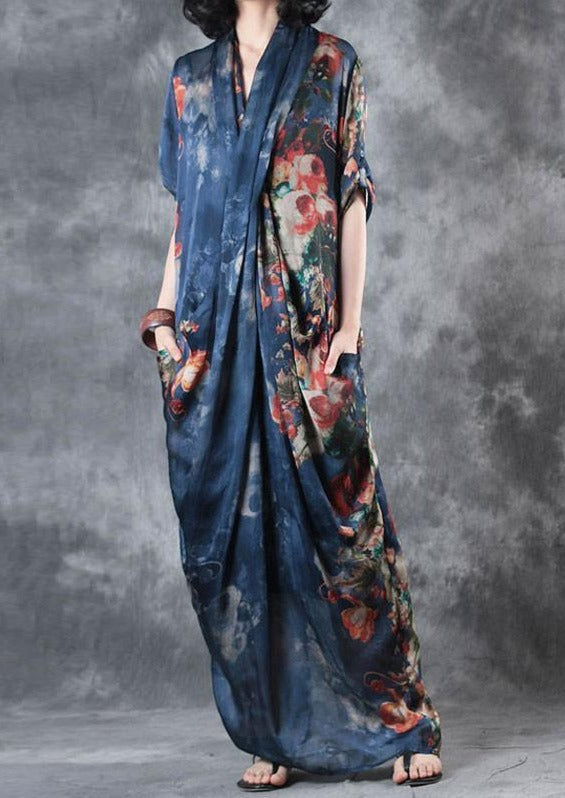 Printing Women Summer Loose Casual Irregular Floral Blue Dress - Omychic