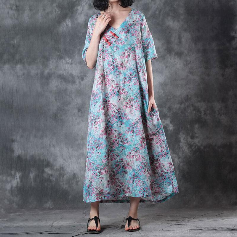 Retro V Neck Short Sleeve Printed Ramie Dress - Omychic
