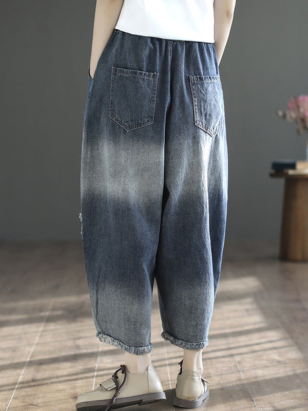 Vintage Hollow Elasticity Applique Denim Ninth Pants