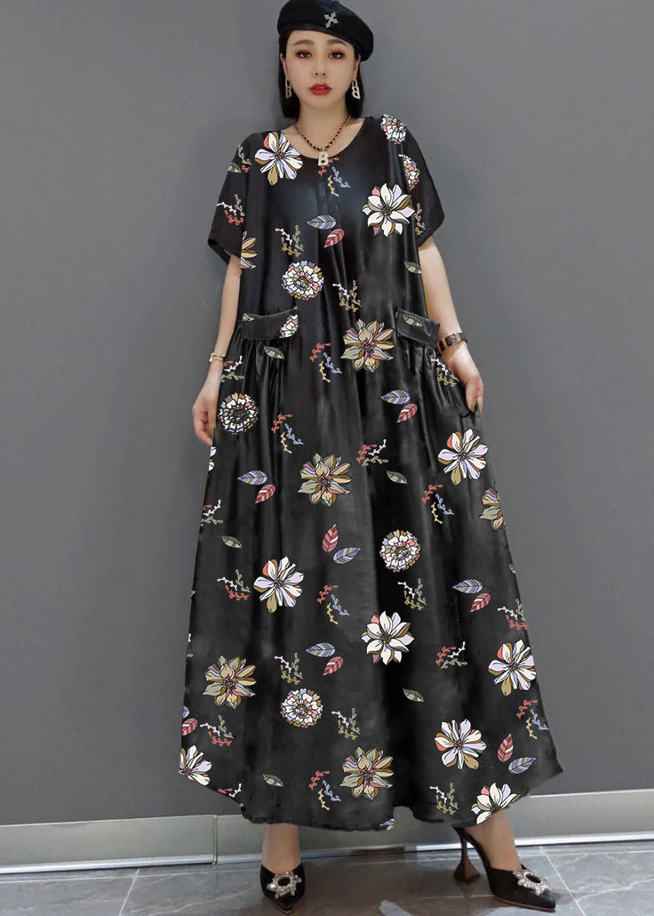 loose black-flowers and birds O-Neck Print Satin Maxi Dress Summer