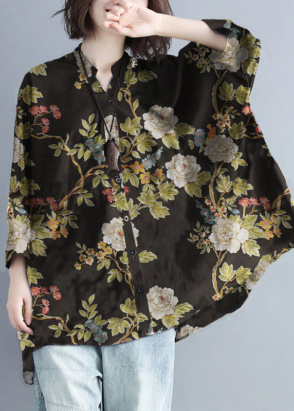 Plus Size Black-flower Stand Collar Oversized Print Chiffon Top Batwing Sleeve