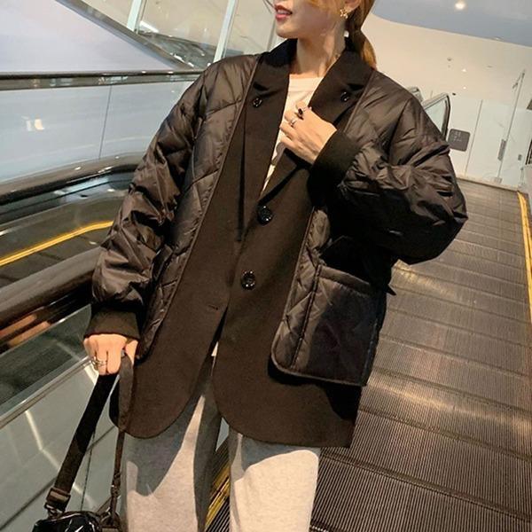 Patchwork Argyle Parkas Women Winter Casual Tide Fashion  Korean Style Notched Collar Long Sleeve Pocket Coat - Omychic