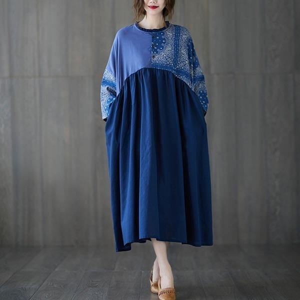 Oversized Women Cotton Linen Casual Dress Vintage Style Patchwork Color Loose Female Long Dresses - Omychic