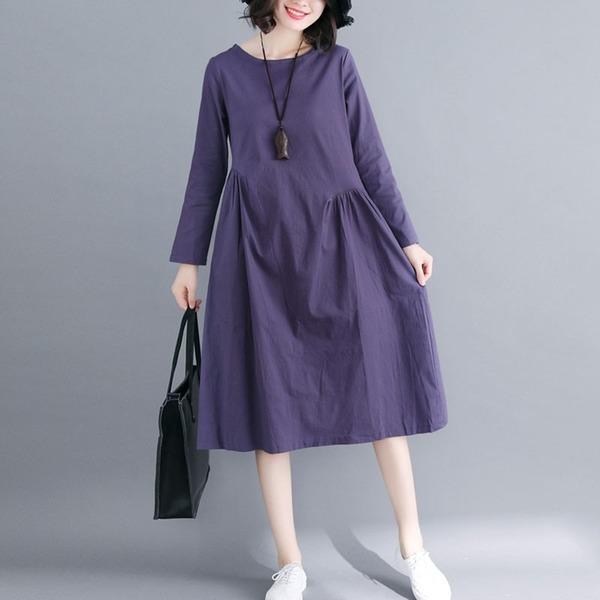 New Arrival 2020 Autumn Simple Style Vintage Solid Color Loose Dress - Omychic