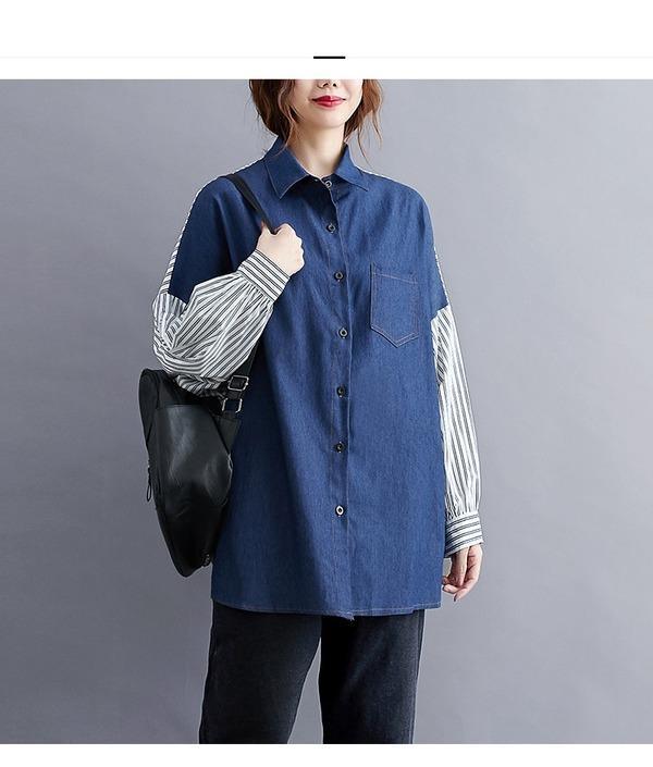 omychic plus size denim cotton vintage stripe korean style Casual loose autumn shirt women blouse 2020 clothes ladies tops - Omychic