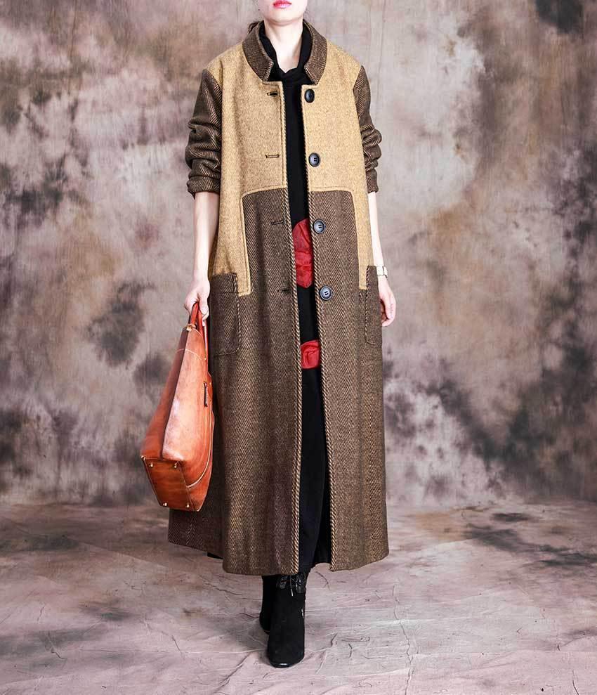 Omychic Winter Fashion Stand Collar Patchwork Long Coat Ladies - Omychic