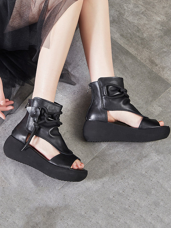 【Leather】Original Casual Solid Color Hollow Out Fish Mouth Platform Shoes