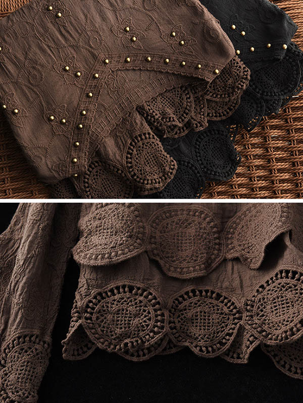 Black & Coffee Lace Hollow V-Neck Long Sleeve Shirts