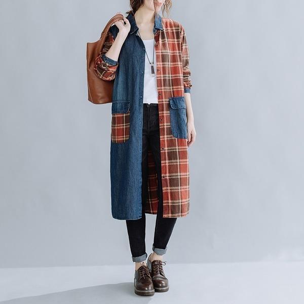 long sleeve plus size cotton denim vintage plaid women casual loose midi autumn shirt dress - Omychic