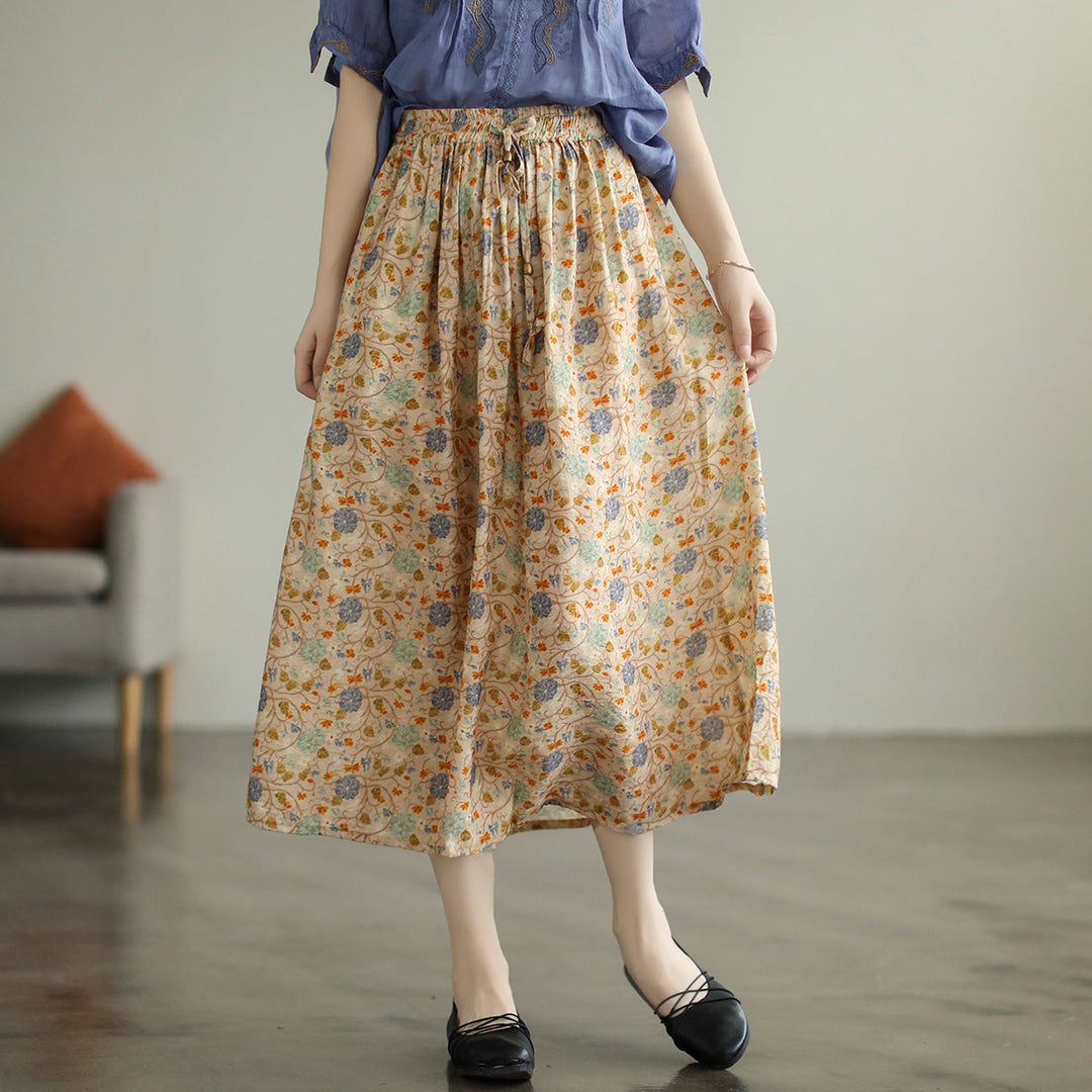 Summer Retro Floral Printed Cotton A-Line Skirt