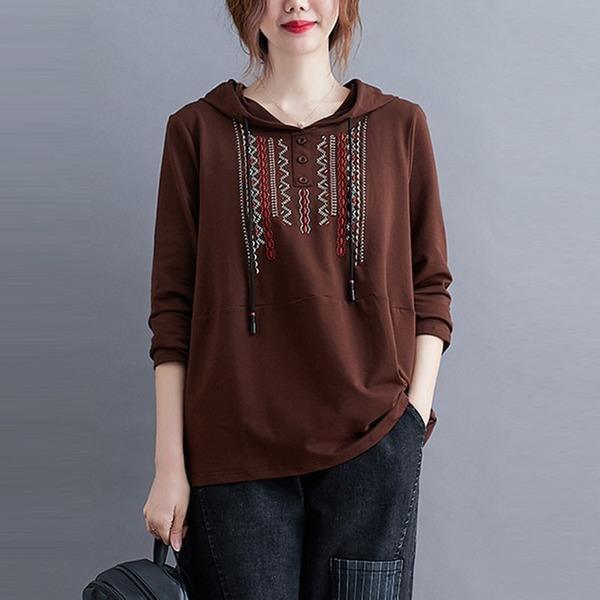 New Arrival 2020 Simple Style Vintage Embroidery Loose Female Long Sleeve Hoodies - Omychic