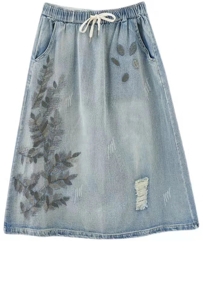 Art Navy Embroidered Hole Cozy Denim Skirt