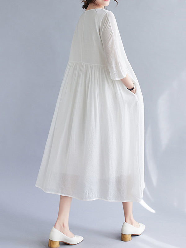 Pleated See-Through Solid Color Split-Joint  Midi Dress