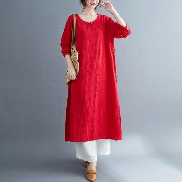 omychic plus size cotton linen vintage for women casual Split loose spring autumn dress - Omychic