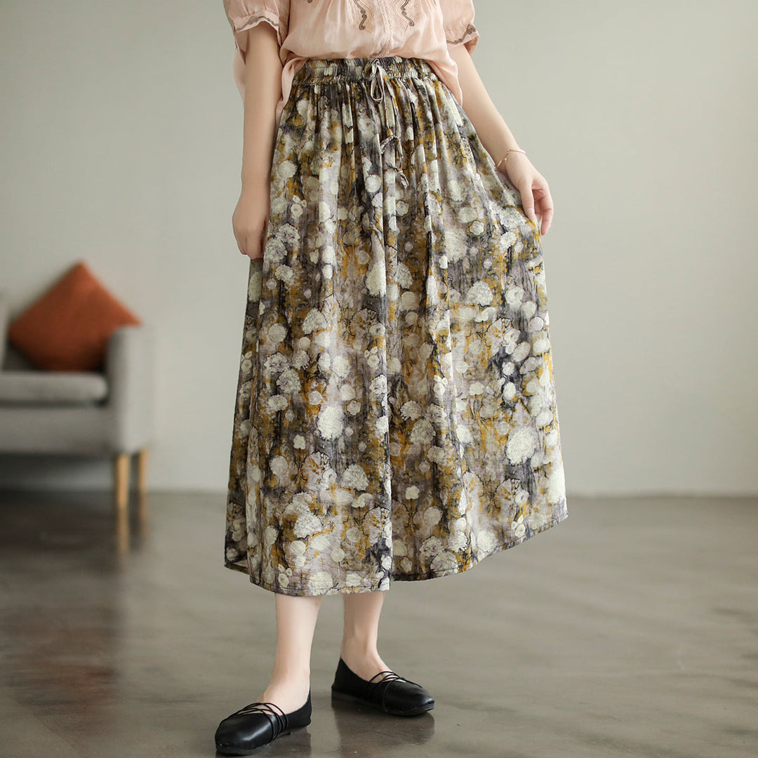 Summer Retro Floral Printed Cotton A-Line Skirt