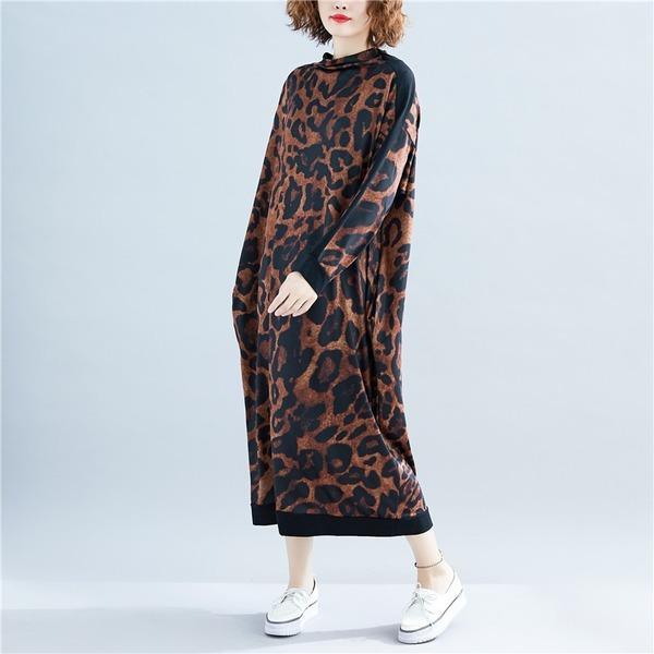 Long Sleeve Leopard Cotton Vintage Plus Size Women Casual Loose Long Spring Autumn Dress ( Limited Stock) - Omychic