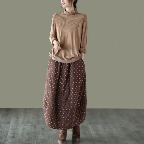 Women Loose Polka Dot Padded Skirts Ladies Vintage Elastic Waist Skirt Female Cotton Linen Winter Skirts 2020 - Omychic