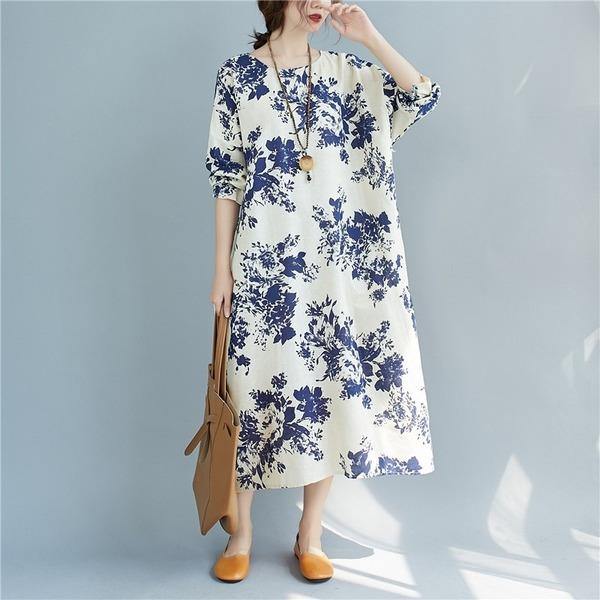 New Arrival 2020 Autumn Arts Style Vintage Print Loose Female Long Dresses - Omychic