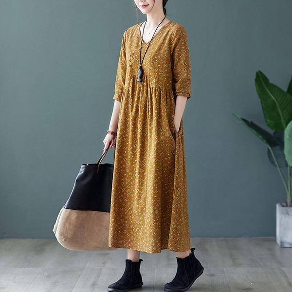 Women Cotton Linen Casual Dress V-neck Loose Ladies Elegant A-line Long Dresses - Omychic