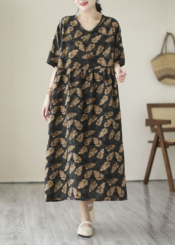 Art Black V Neck Print Wrinkled Patchwork Cotton Dress Summer