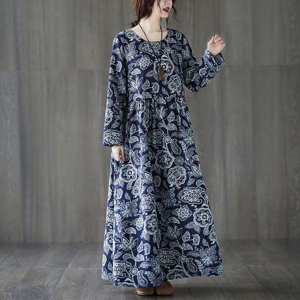 Oversized Women Cotton Linen  Vintage Style Floral Print Loose Comfortable Female Long Dress - Omychic