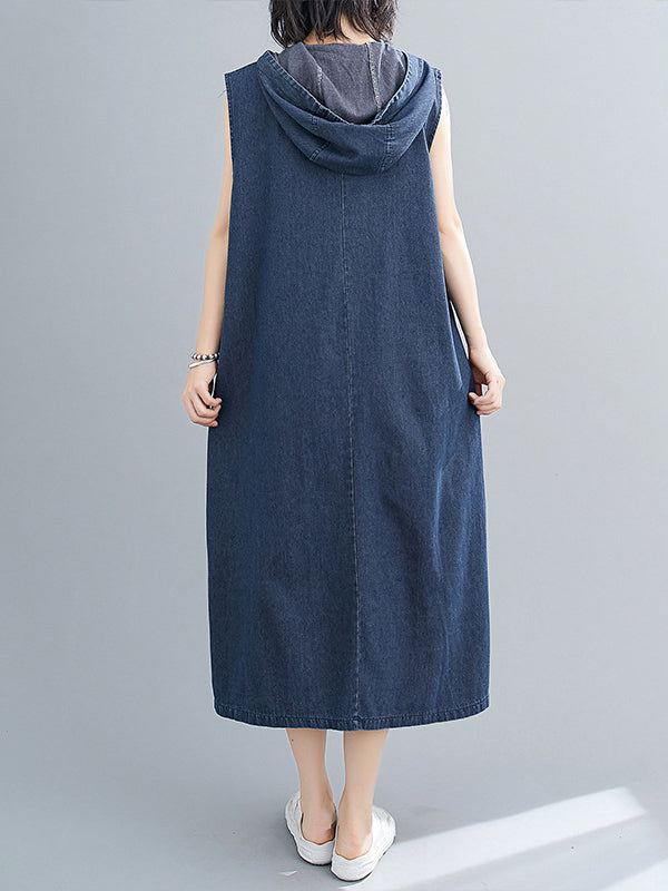 Zipper Loose Hooded Midi Dress Sleeveless