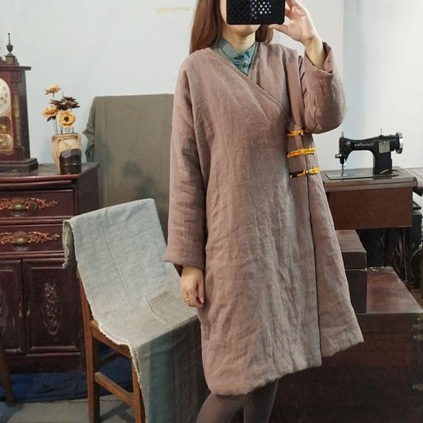 Women Vintage Linen Thick Parkas V-Neck Long Sleeve Coats - Omychic