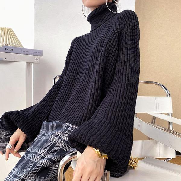 New Fashion Knitting Sweater Women Casual Loose Turtleneck Collar Pullover Simplicity Solid Color All-match Top - Omychic