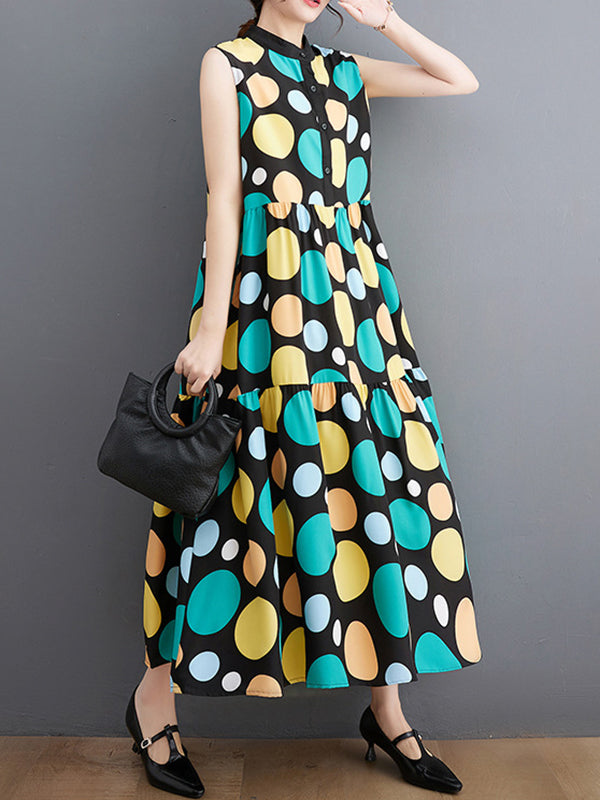 Polka Dot Casual Stand Collar Midi Dress