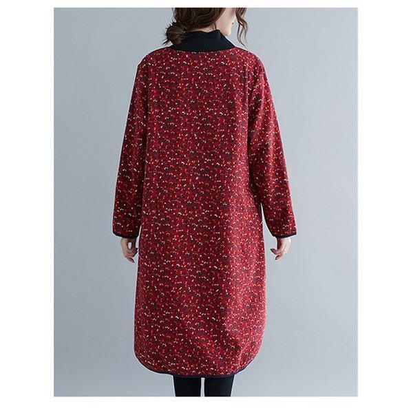 long sleeve plus size cotton vintage floral women casual loose midi autumn winter dress - Omychic