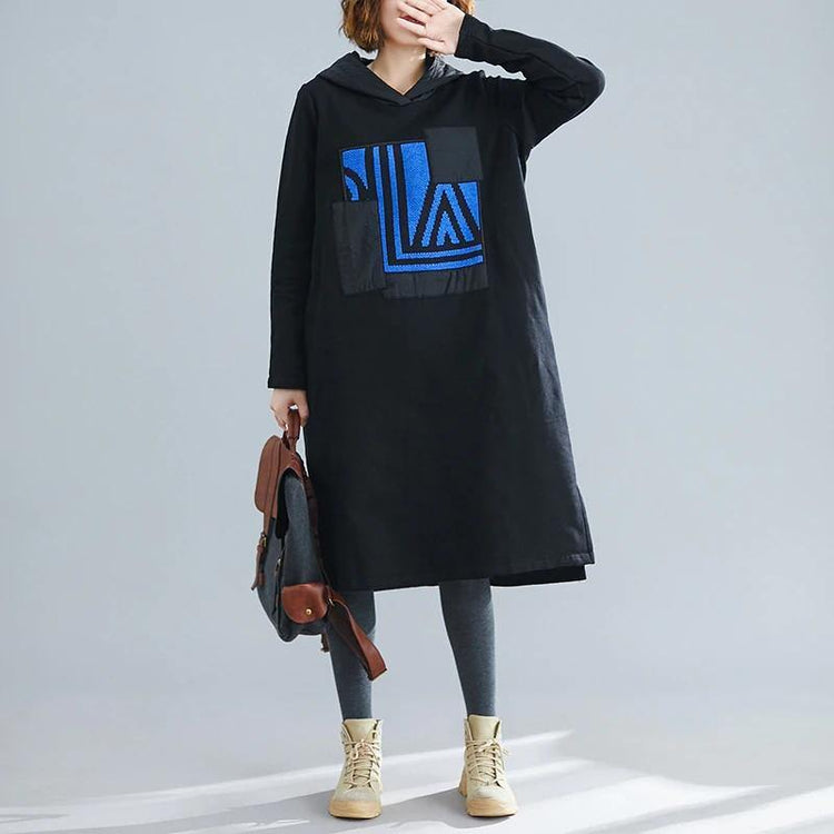 French Black Patchwork Print Long sleeve  Long Cotton Dress - Omychic