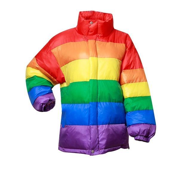 Women Rainbow Wadded Parka Plus Size Loose Striped Coat - Omychic