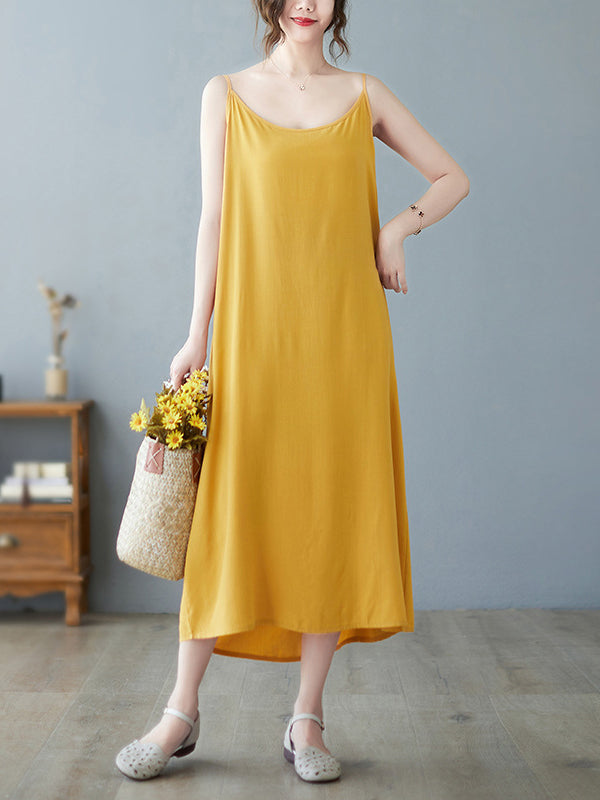 Casual Solid Color Spaghetti-Neck Midi Dress