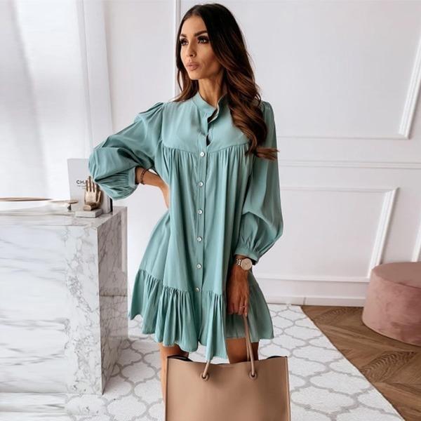 Long Sleeve Stand Collar Solid Elegant Casual Mini Dress 2020 Spring New Dress - Omychic