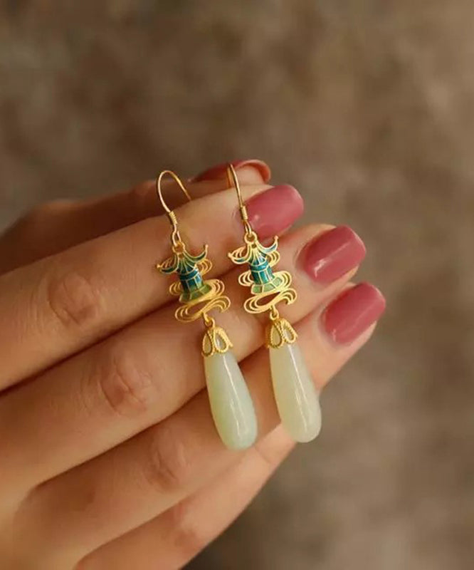 Simple Beige Tassel Jade Water Drop Earrings