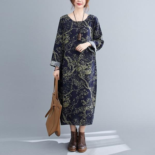 2020 Autumn Vintage Style O-neck Print Loose Comfortable Female Long Dresses - Omychic