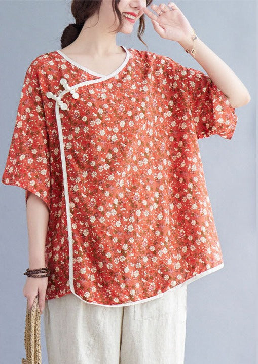 Stylish Orange Retro Print Loose Shirt Half Sleeve Top