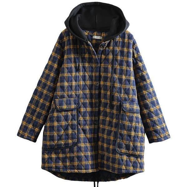 Hooded Plaid Parkas Vintage Button Coats Loose 2020 Pockets Female Casual Warm Parkas Coats - Omychic