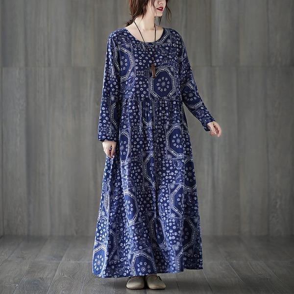 omychic cotton linen plus size vintage floral for women casual loose long autumn dress - Omychic