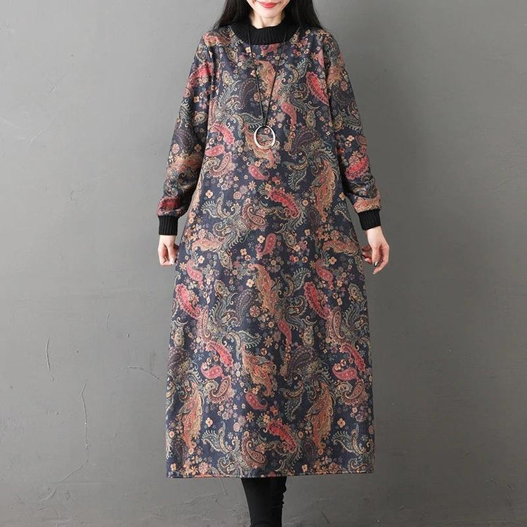 long sleeve woolen plus size vintage floral women casual loose autumn winter elegant dress clothes - Omychic