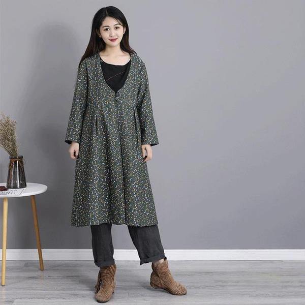 Winter Fashion V-neck Floral Print Cotton Linen Long Coat  Casual Women Outerwear - Omychic