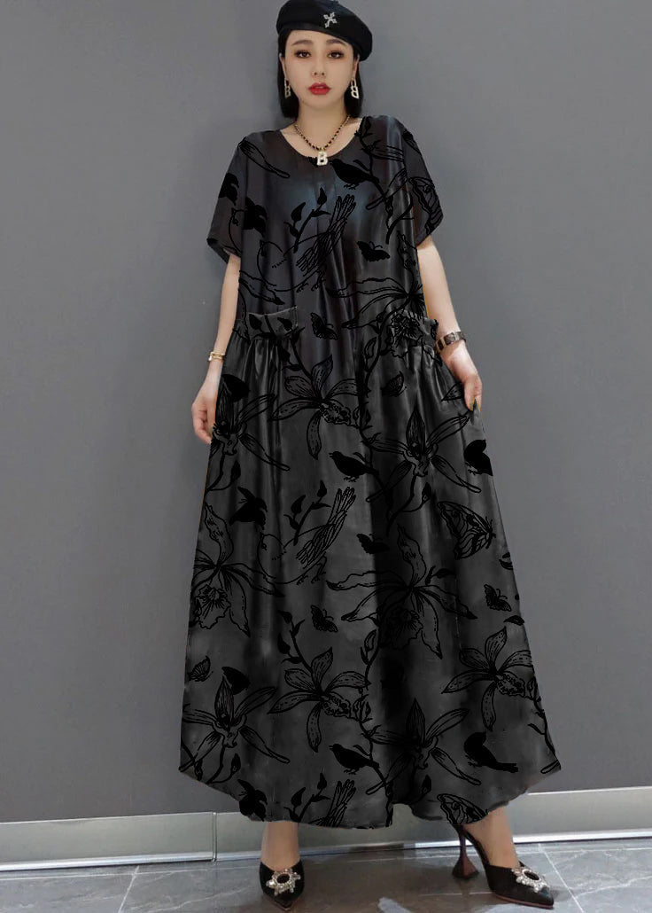 loose black-flower O-Neck Print Satin Maxi Dress Summer