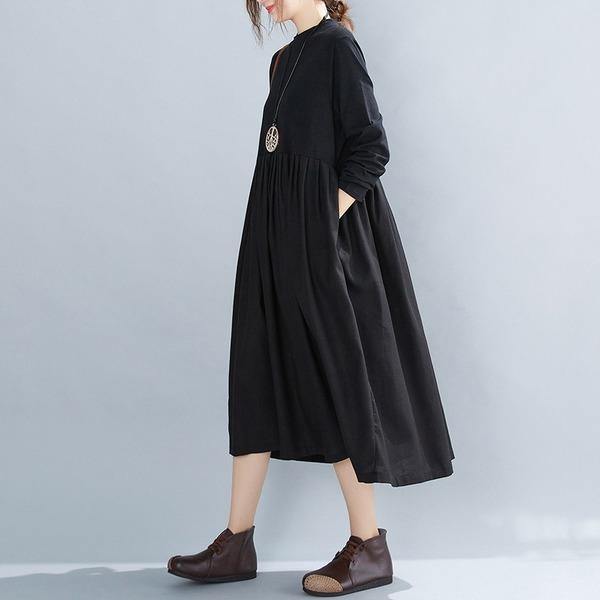 omychic plus size black cotton vintage for women casual loose autumn winter dress - Omychic