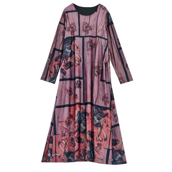 long sleeve plus size cotton satin vintage floral for women casual loose autumn dress - Omychic